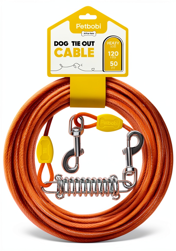 Petbobi Dog Tie Out Cable secured in a grassy yard