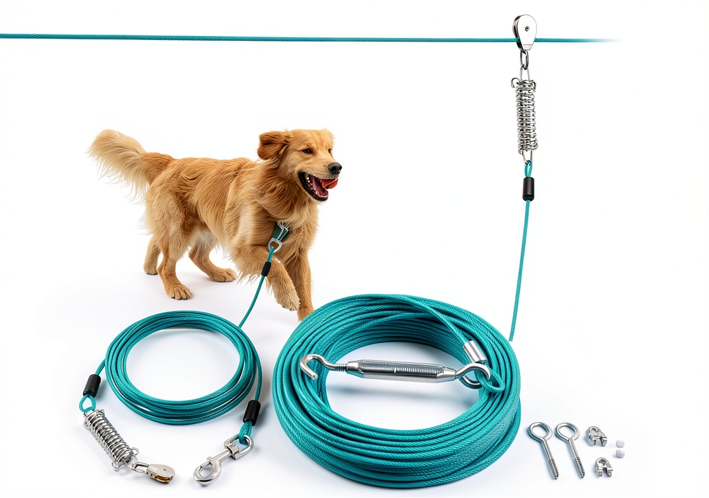 LUFFWELL dog tie-out cable installed in a backyard with a large dog