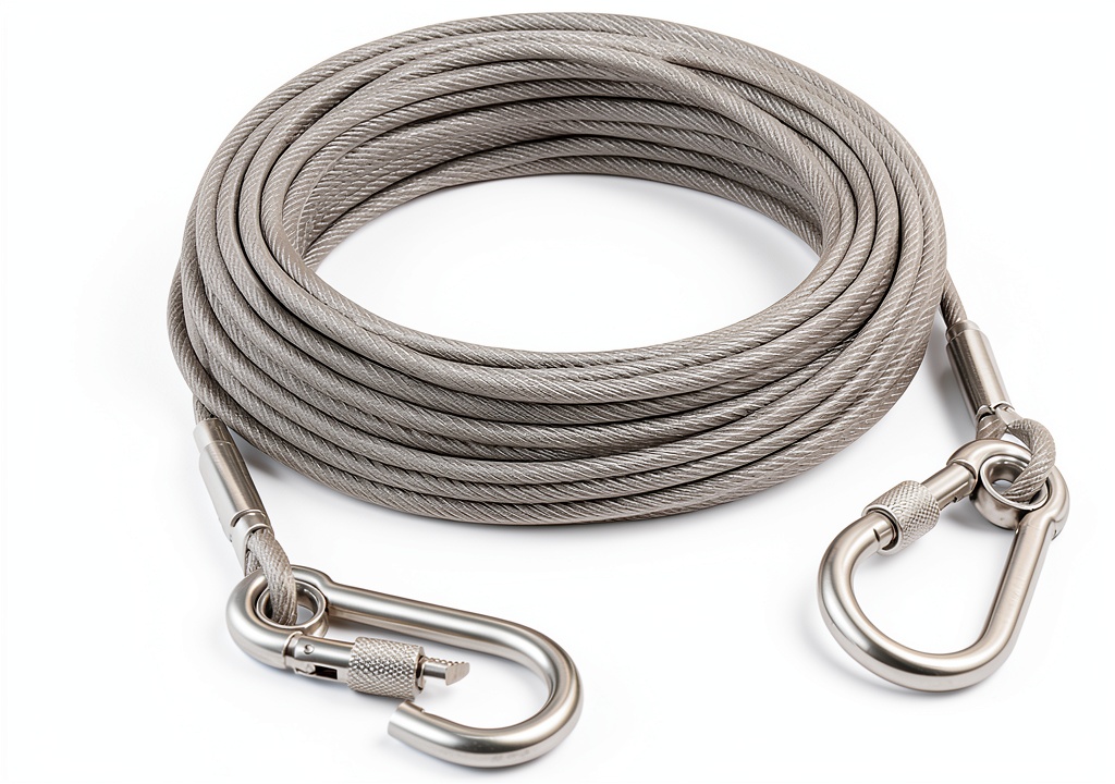 Tresbro dog tie out cable attached to a ground stake in a grassy yard