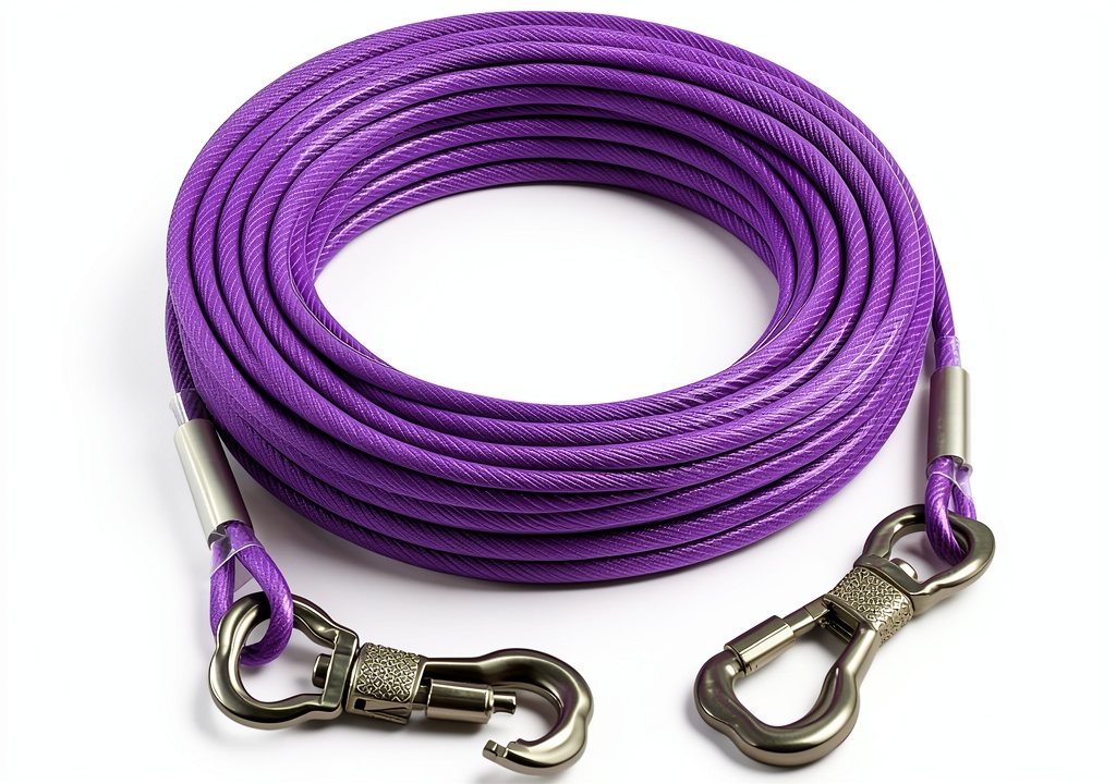 Tresbro Heavy Duty Dog Tie Out Cable secured to tree at campsite with large dog