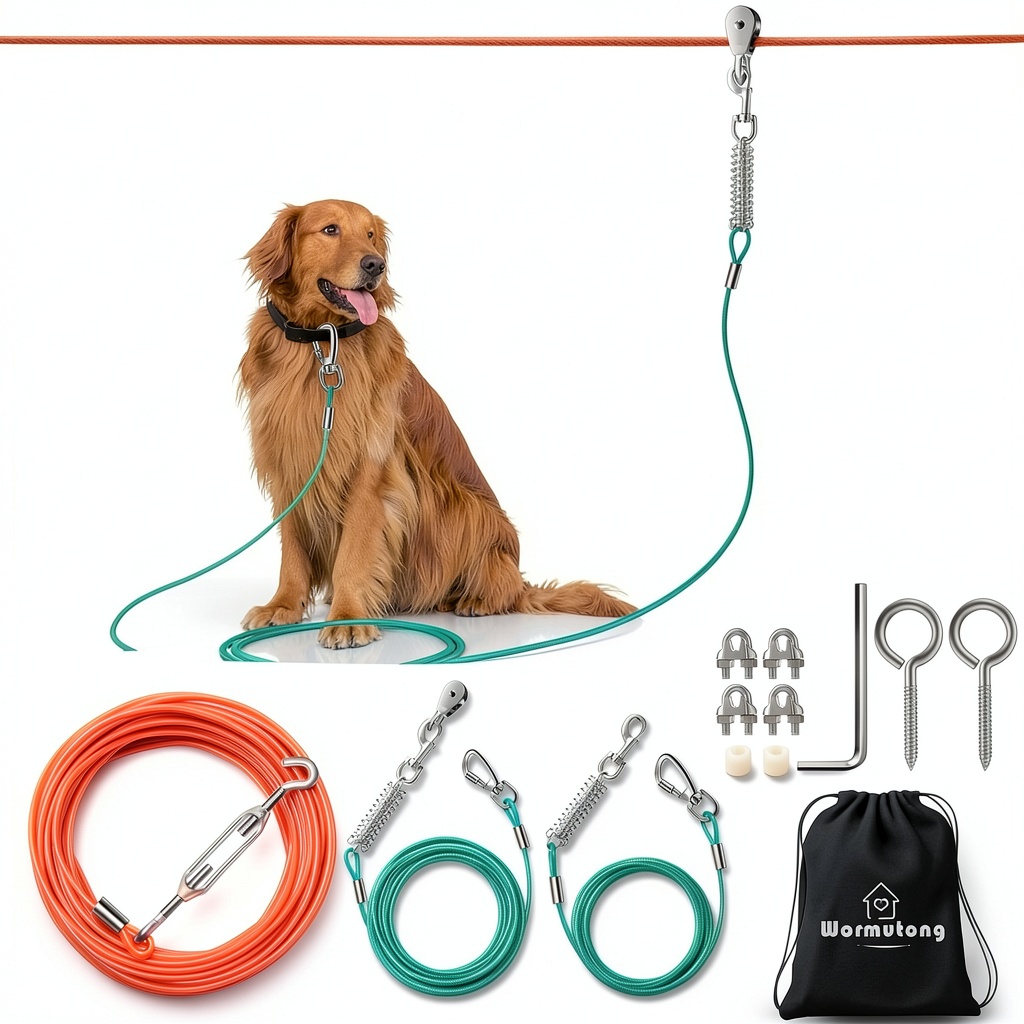 Wormutong dog trolley system installed in a backyard with a dog running freely