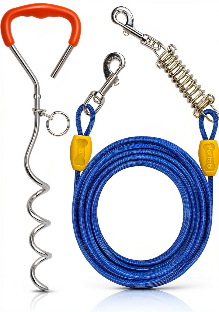 Petbobi dog tie-out leash installed in a grassy yard with a dog playing