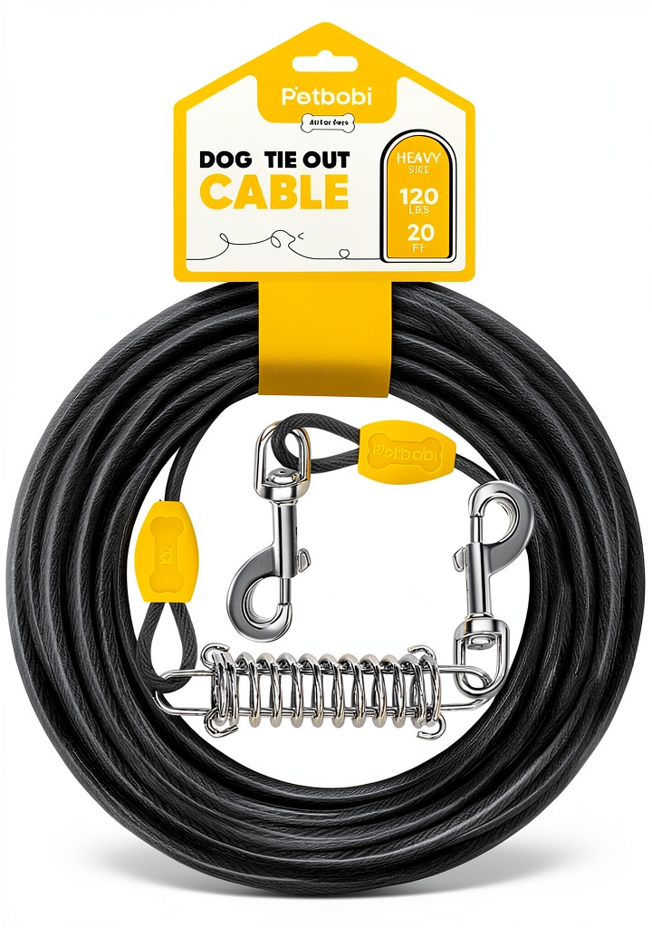 Petbobi dog tie-out cable attached to a tree in a yard