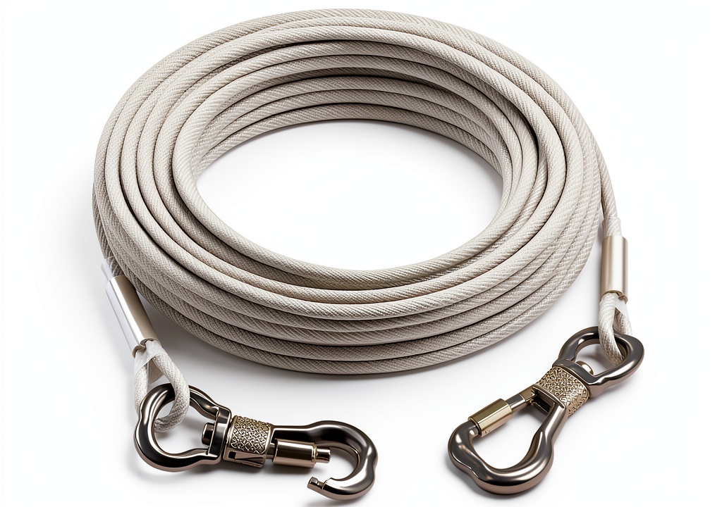 Tresbro dog tie out cable attached to a ground stake in a grassy yard