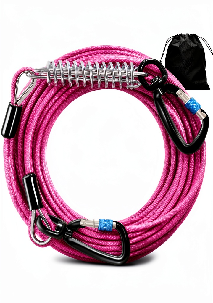 Snagle Paw dog tie-out cable in use with a dog in a backyard