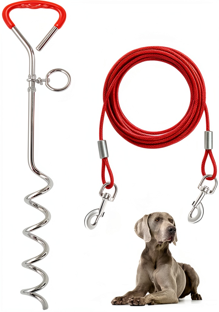 Supet dog tie out cable staked in grassy yard with dog