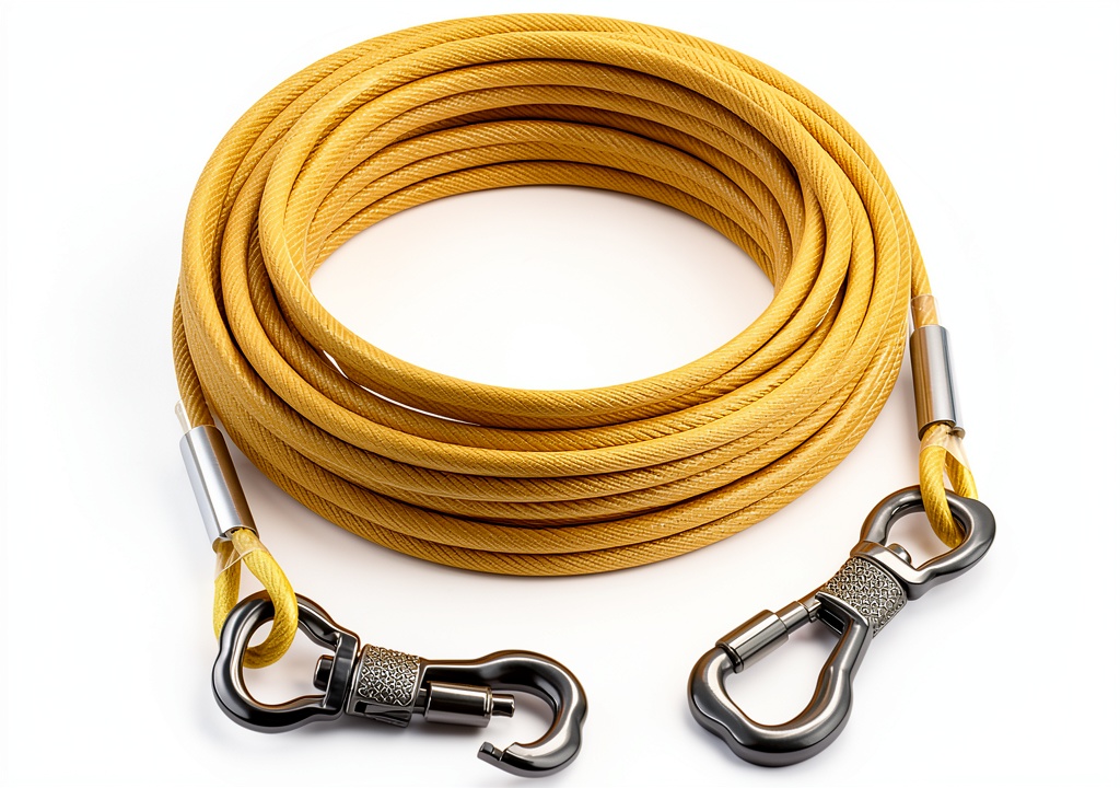 Tresbro dog tie out cable attached to a ground stake in a grassy yard
