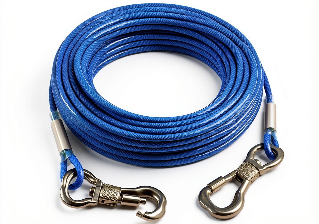 Tresbro dog tie out cable attached to a ground stake in a grassy yard