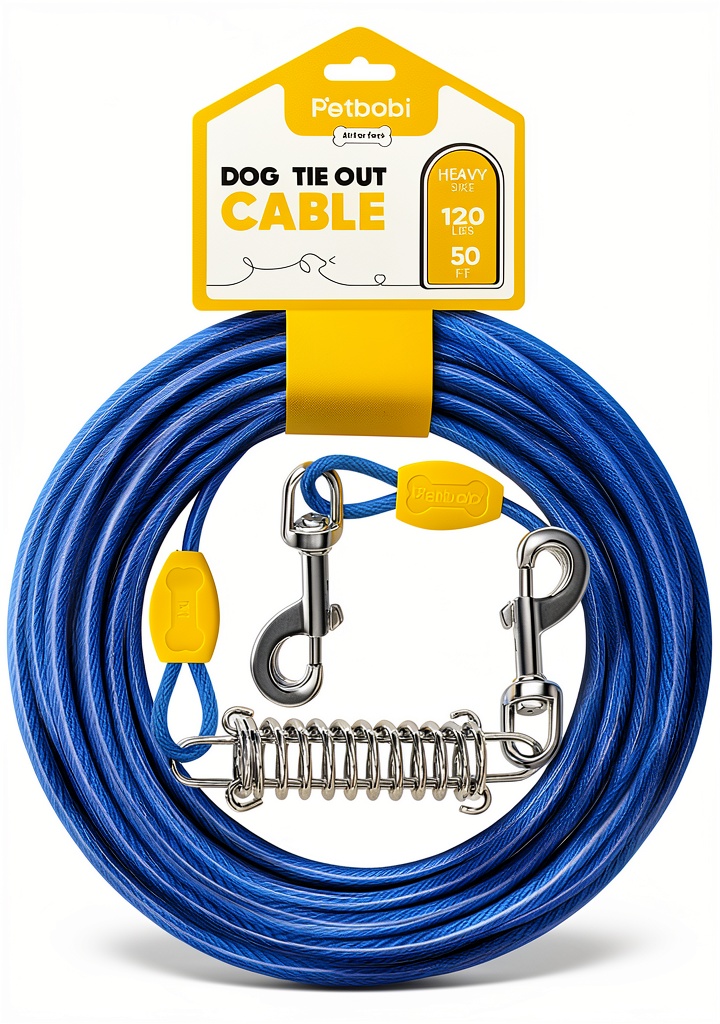 Petbobi Dog Tie Out Cable in use in a backyard