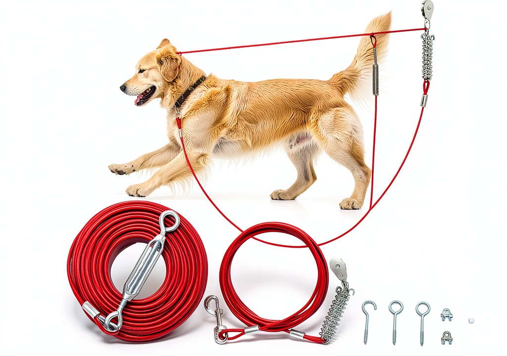 Installing LUFFWELL Dog Run Cable Heavy Duty Tangle Free Tie Out on a wooden desk