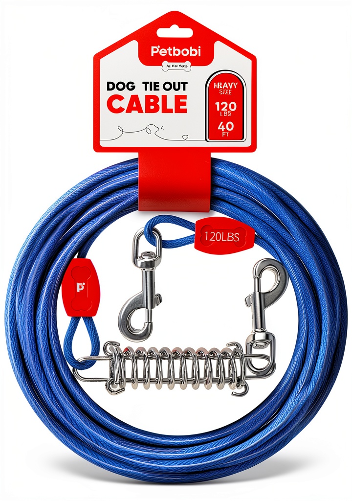 Petbobi Dog Tie Out Cable in use in a backyard setting