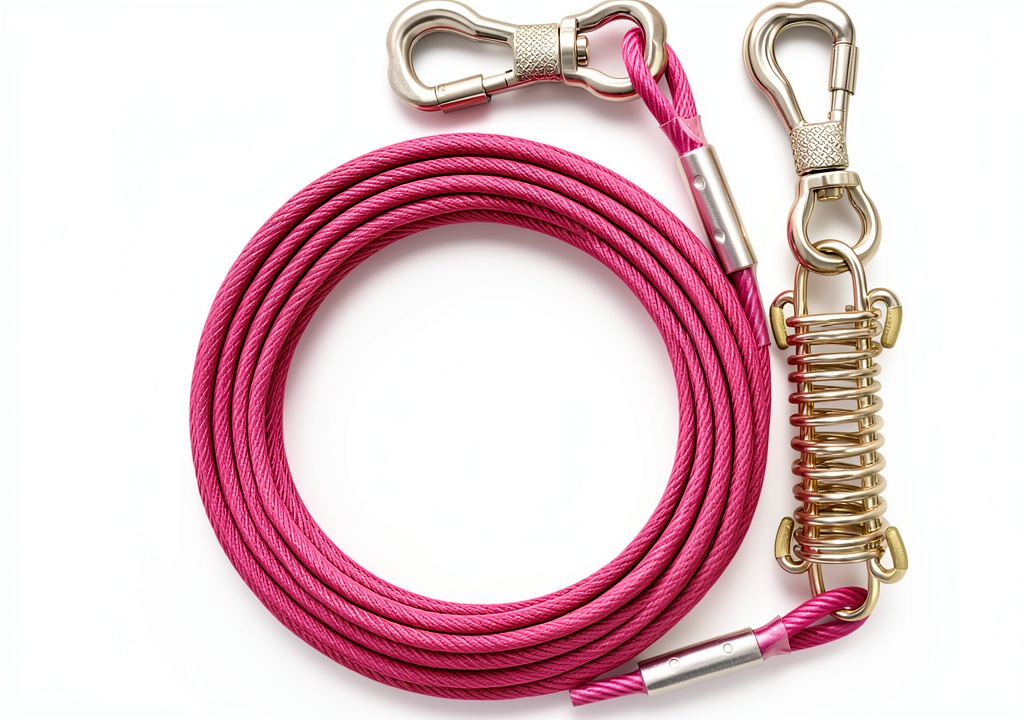 Tresbro dog tie-out cable in use on a grassy yard