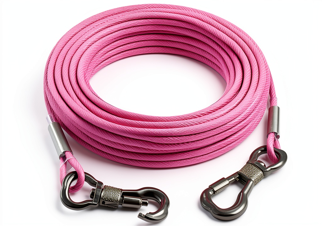 Tresbro dog tie out cable secured to a ground stake in a backyard