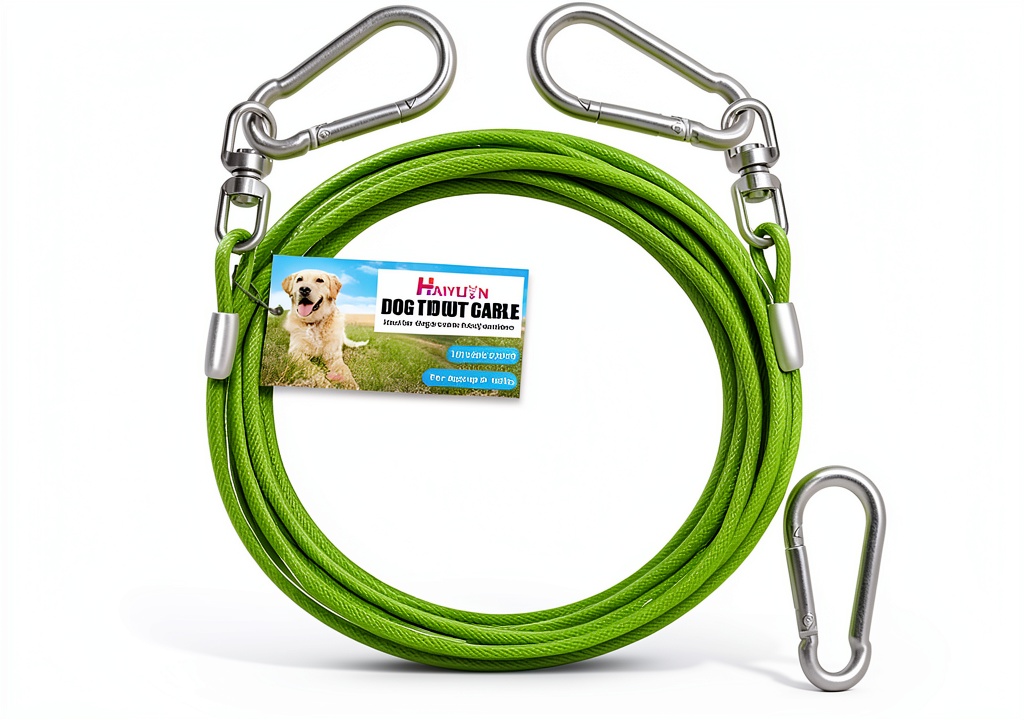 HaiYUAN Dog Tie Out Cable in use in a backyard