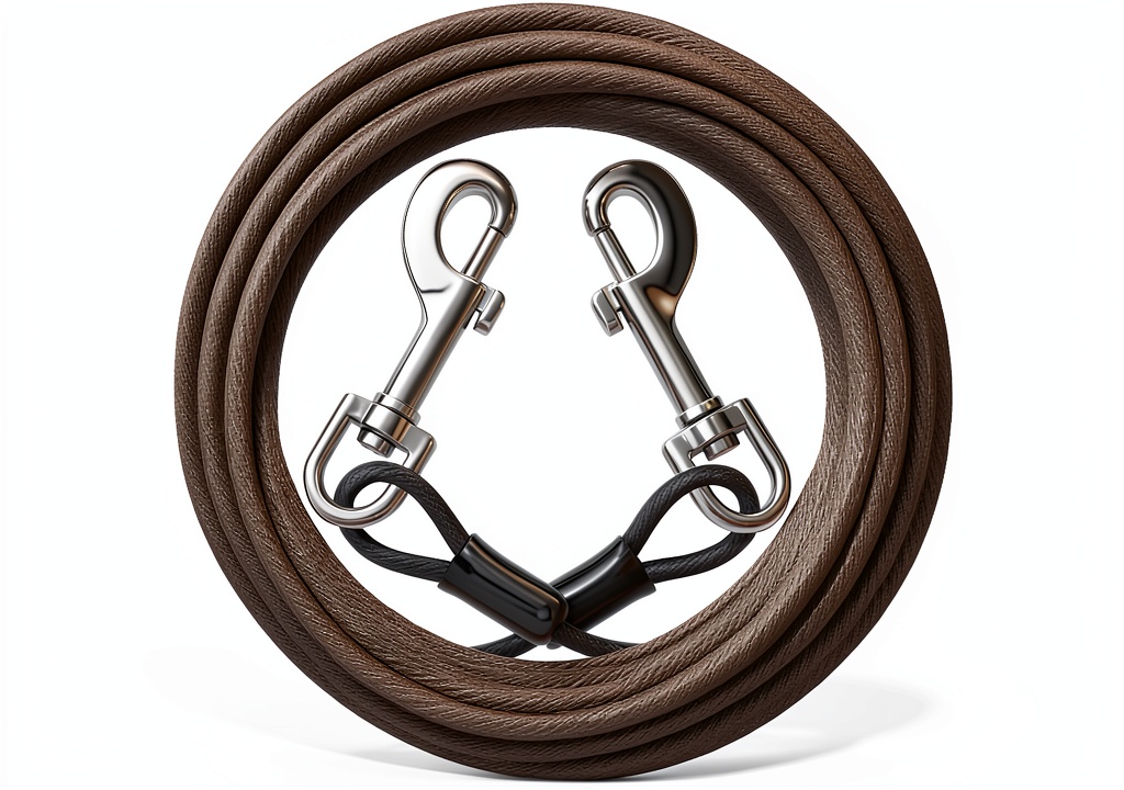 'Jenico dog tie out cable secured to a tree in a backyard'